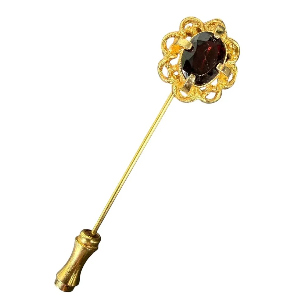 Vintage Gold‎ Tone Filigree Floral Stick Pin Dark Red Faux Garnet Stone 2.25